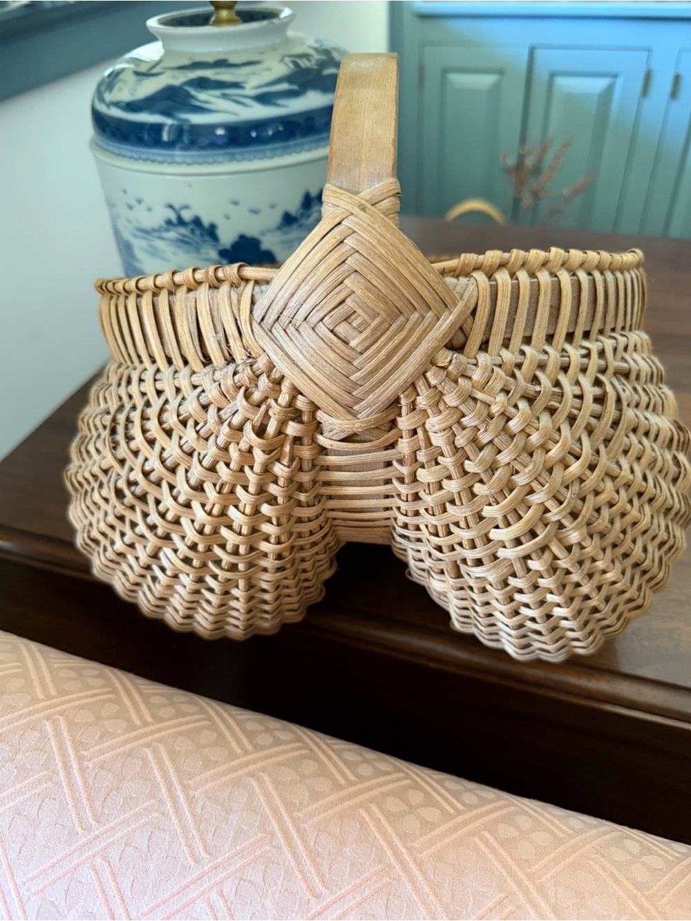 Vintage Woven Rattan Handled Basket in Natural Tan